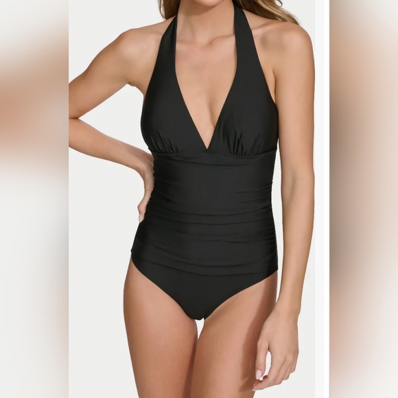 Dkny Other - NWT! DKNY Black One-Piece Halter Swimsuit Size Large 4-Way Stretch Tummy Control